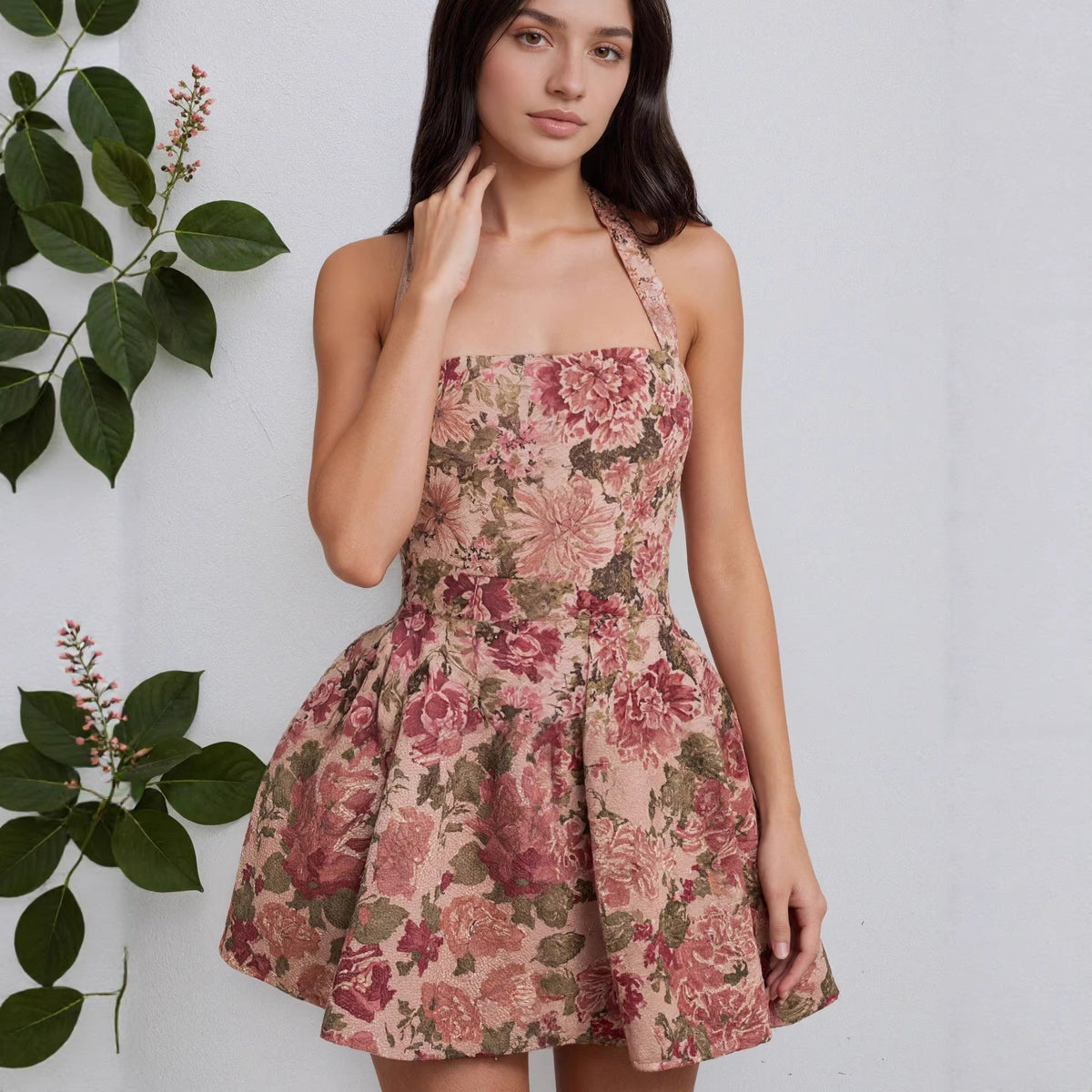 Rose Tapestry Halter Mini Dress