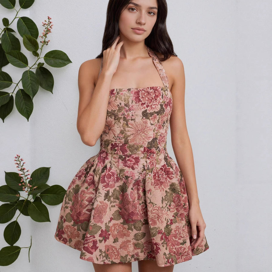 Rose Tapestry Halter Mini Dress