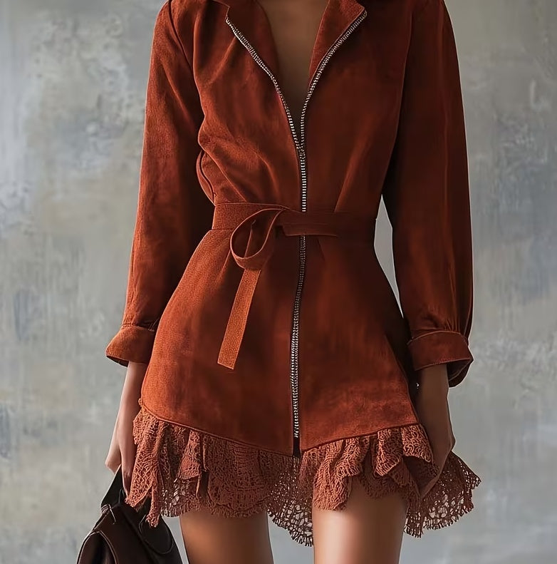 Belted Denim Mini Dress with Lace Trim