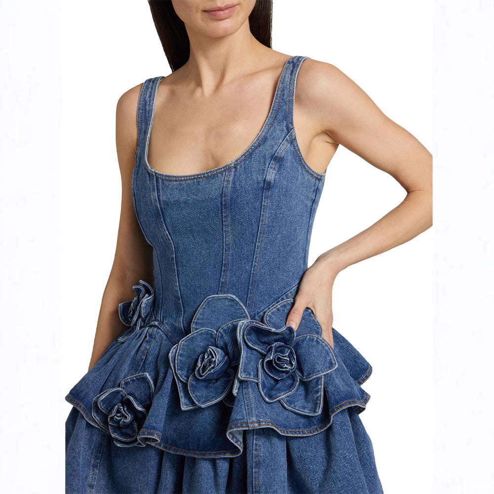 Denim Rosette Mini Dress