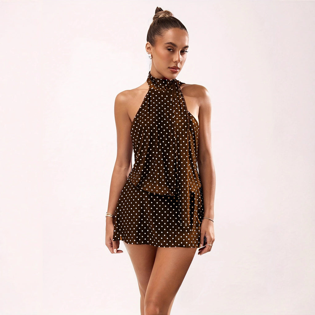 Cocoa Polka-Dot Halter Mini Dress