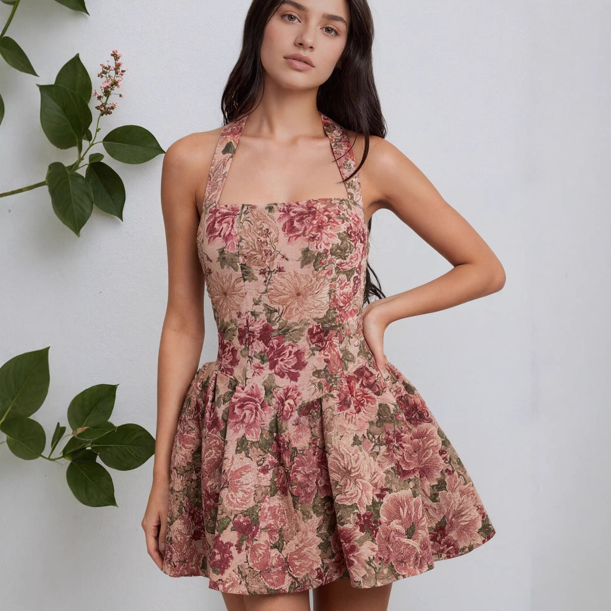 Rose Tapestry Halter Mini Dress