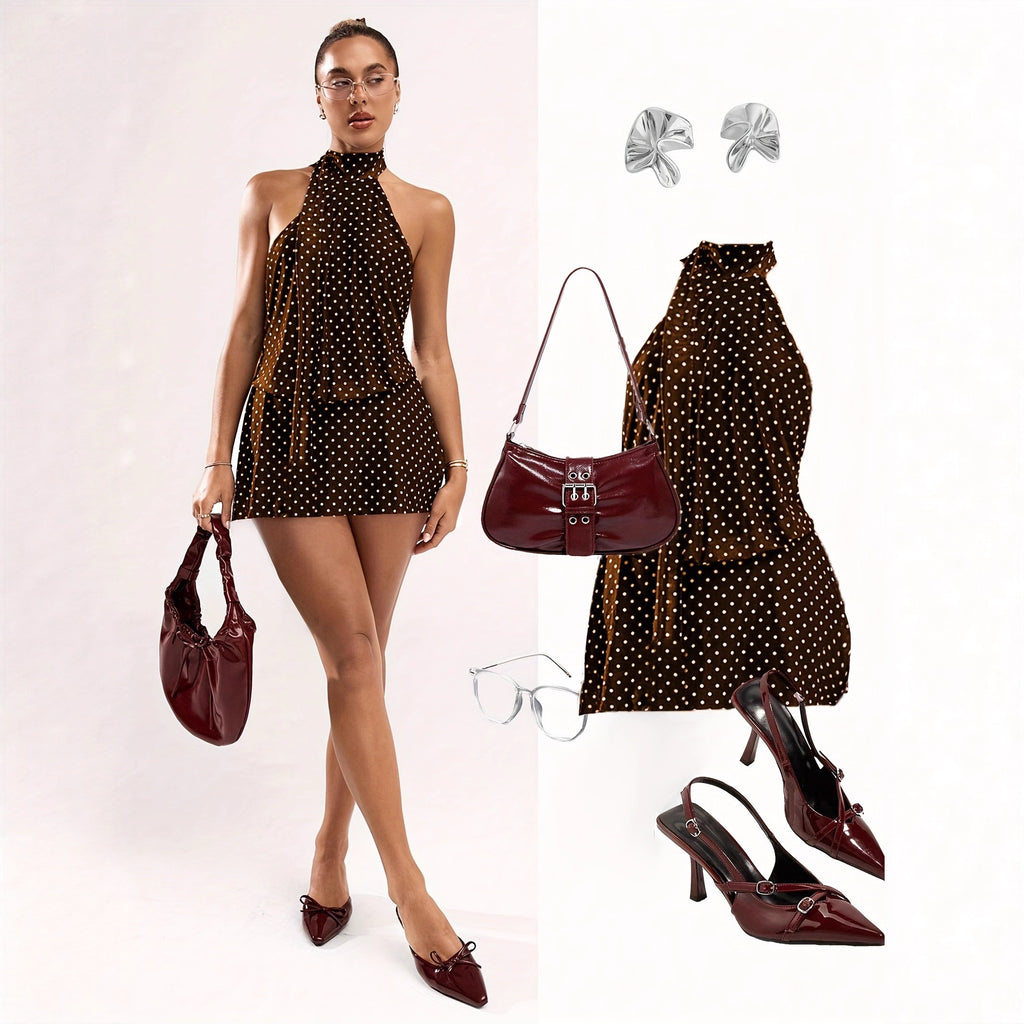 Cocoa Polka-Dot Halter Mini Dress