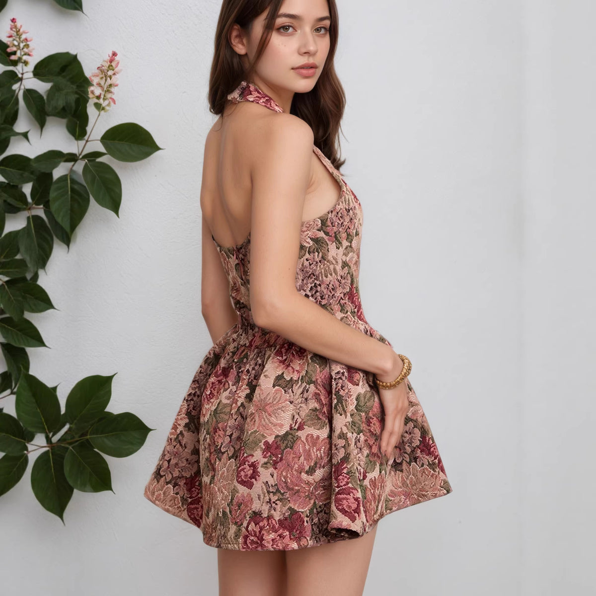 Rose Tapestry Halter Mini Dress